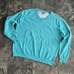 BUGATTI Men’s Cotton V-Neck Sweater Aqua Blue Preppy Coastal Casual Cottagecore